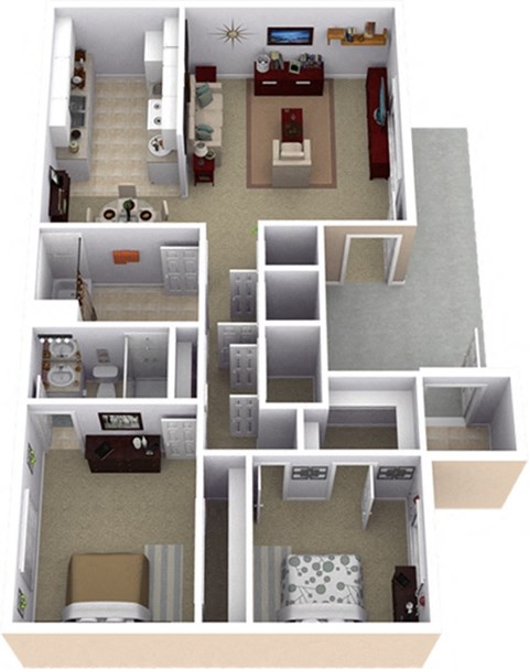 Floor plan for 2 beds, 2 baths, 999 sqft